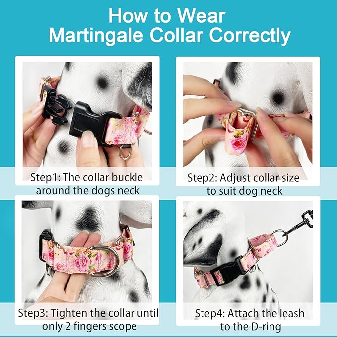 Martingale Collar for Dogs with Buckle Pink Floral Dog Collars No Pull Cute Girl Female Dog Collar for Large Dogs, Watercolor Pink Rose