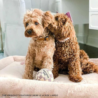 Haute Diggity Dog Chewy Vuiton Ball Plush Squeaky Dog Toy, Soft Durable Designer-Inspired Stuffed Puppy Chew Toys for Small & Medium Dogs, Machine-Washable (Tan Checker) Large