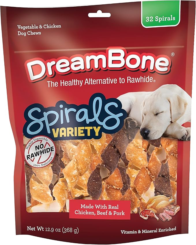 DreamBone Spirals Variety Pack, No-Rawhide Chews for Dogs, 32 Spiral Chews