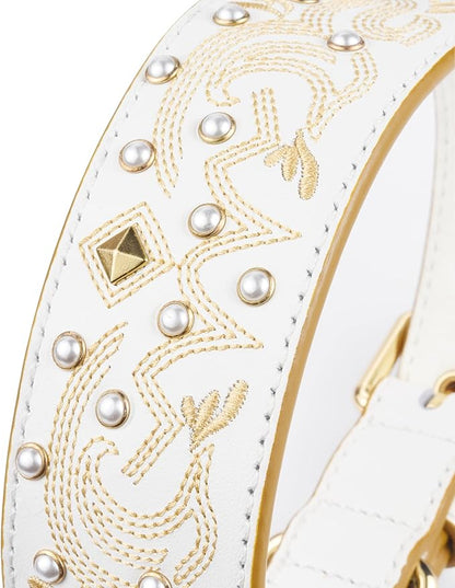 Blueberry Pet Western Dog Collar in Pearl White - Genuine Leather Dog Collars for Medium Dogs & Large Dogs with Floral Embroidery, Adjustable 18-22 Inch, Cowboy Style, Pearl Studs