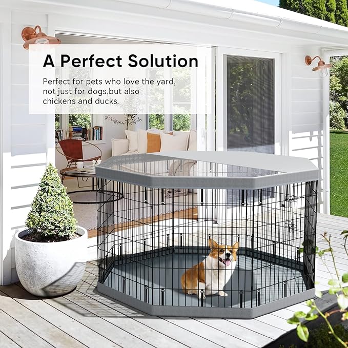 PJYuCien Dog Playpen with Top Cover and Bottom Pad - Metal Foldable Exercise Pen, 8 Panels 36" H x 24" W Indoor Outdoor Pet Fence Puppy Crate Kennel, Gray