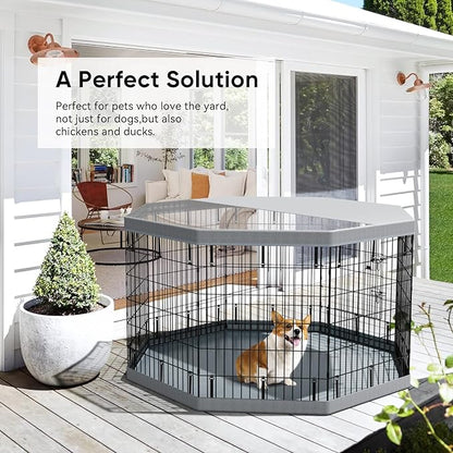 PJYuCien Dog Playpen with Top Cover and Bottom Pad - Metal Foldable Exercise Pen, 8 Panels 36" H x 24" W Indoor Outdoor Pet Fence Puppy Crate Kennel, Gray