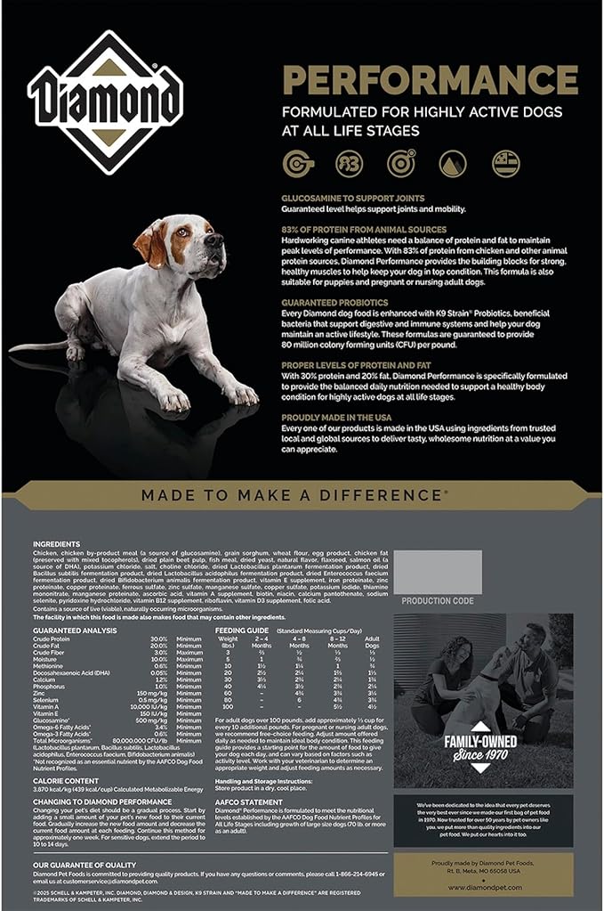 Diamond Performance All Life Stages Dry Dog Food 30/20 for Highly Active, Hard Working & Athletic Dogs 40lb Bag