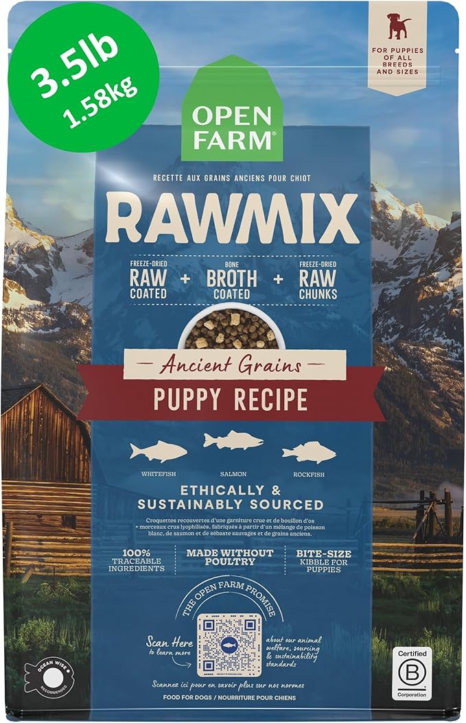 Open Farm, RawMix Ancient Grains Dry Puppy Food, Protein-Packed Kibble Coated in Bone Broth with Freeze Dried Raw Chunks, Wild Caught Fish, Puppy Recipe, 3.5lb Bag