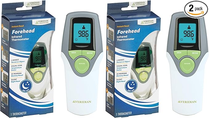 Veridian Healthcare Infrared Thermometer | Forehead Measurements | 1-Second Readout | Hygienic Non-Contact | Whole Family Care | 3-Year Warranty (Pack of 2)