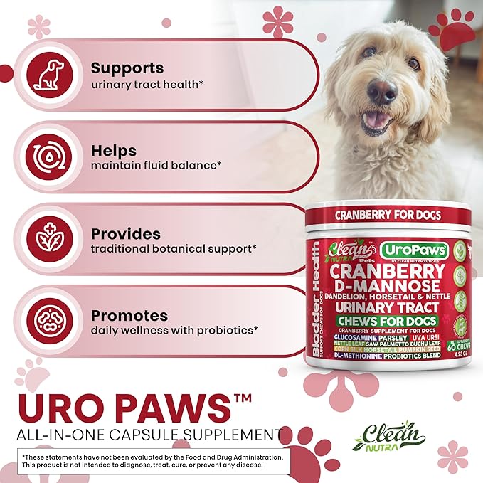 Dog UTI Treatment | Cranberry for Dogs | Urinary Tract Bladder Control | D-Mannose Dandelion Glucosamine HCL Marshmallow Nettle Leaf Saw Palmetto Uva Ursi Horsetail Beef Flavor by Clean Nutra Pets