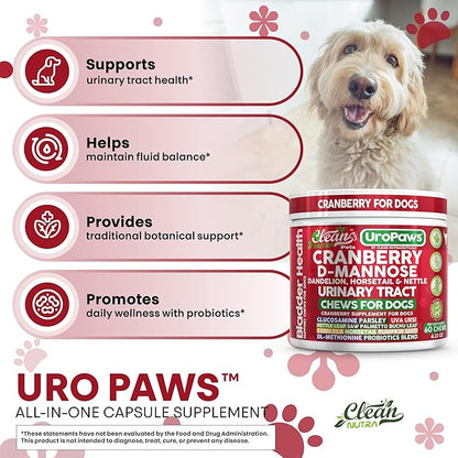 Dog UTI Treatment | Cranberry for Dogs | Urinary Tract Bladder Control | D-Mannose Dandelion Glucosamine HCL Marshmallow Nettle Leaf Saw Palmetto Uva Ursi Horsetail Beef Flavor by Clean Nutra Pets