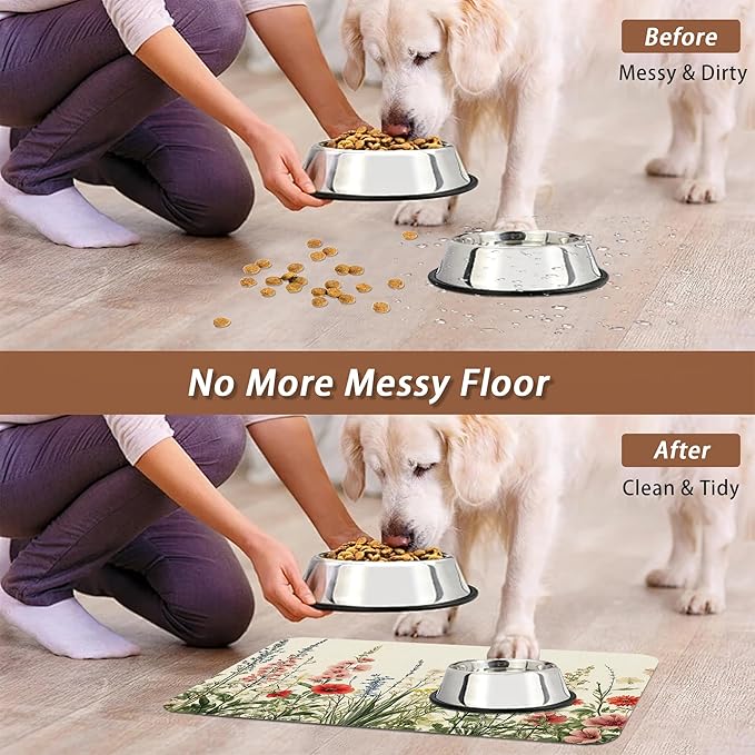 Vintage Flower Botanical Garden Dog Cat Food Mat,Absorbent Pet Feeding Mat for Food and Water,Non-Slip Dog Bowl Mats Floor Protector 16"x24"