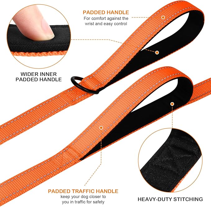 Joytale Dog Leash Heavy Duty for Large Dogs that Pull, Double Handle for Traffic Control, Double-Sided Reflective Leashes for Large Medium Dogs Night Safety, 5FT, Orange