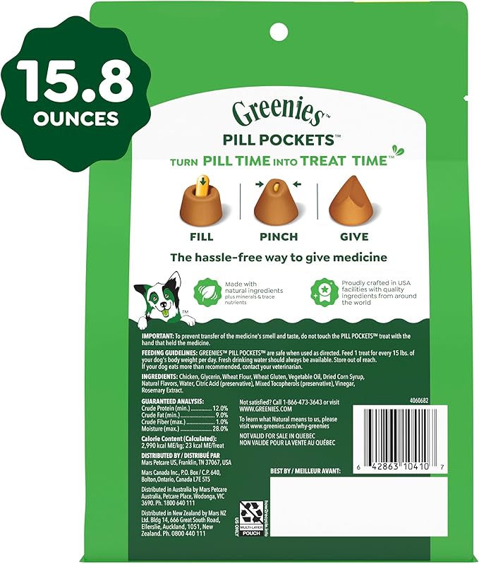 Greenies Pill Pockets for Dogs Large Size, Dog Treat Pouch for Capsule Medication, Chicken Flavor, 15.8 oz. Pouch
