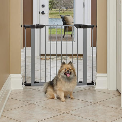 MidWest Homes for Pets 29-Inch High Walk-thru Pressure Mounted Gray Steel Dog Gate, Expands to 38 Inches Wide, No Damage to Walls, Includes 3-inch Extensions, For Small Pets