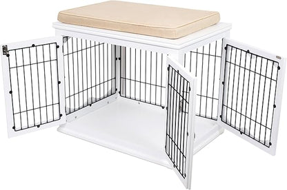 INTERNET'S BEST Decorative Dog Kennel with Pet Bed, Small Pet House, Double Door Indoor Crate, Engineered Wood & Wire Furniture, Side Table & Nightstand, Fits Small Dogs - White