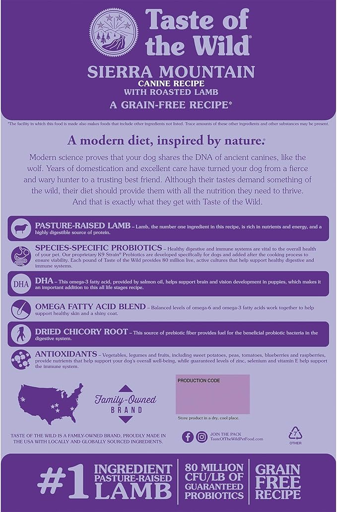 Taste of the Wild Sierra Mountain Grain-Free Canine Recipe with Roasted Lamb Dry Dog Food for All Life Stages, Made with Protein from Real Lamb and Guaranteed Nutrients And Probiotics 5lb