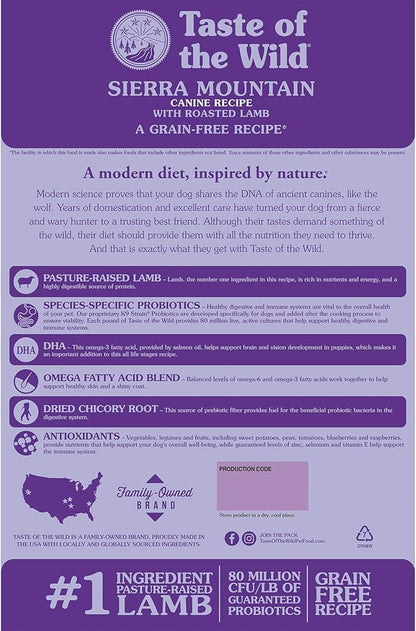 Taste of The Wild Sierra Mountain Grain-Free Canine Recipe with Roasted Lamb Dry Dog Food for All Life Stages, Made with High Protein from Real Lamb and Guaranteed Nutrients and Probiotics 14lb