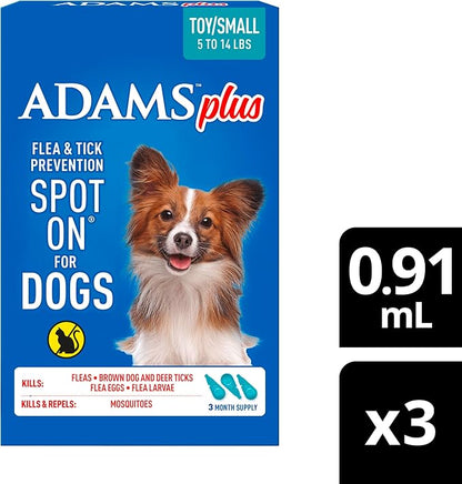 ADAMS Plus Flea & Tick Prevention Spot On for Dogs, Toy/Small Dog, Kills Fleas & Ticks (Brown Dog/Deer Ticks), Kills and Repels Mosquitoes, Prevents Flea Infestations, 3-Month Supply, 3 Pack