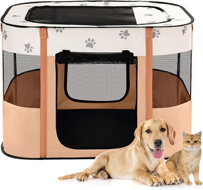 Avont Portable Dog Cat Playpen, Foldable Pop Up Pet Play Pen Travel Crate with Floor and Mesh Door Top for Indoor Outdoor Collapsible Tent Cage -M, Orange