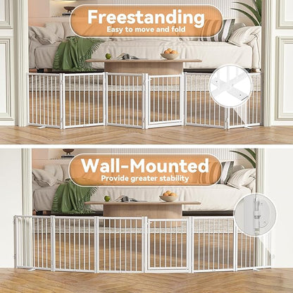 SNUOWU Full Metal Freestanding Dog Gate with Door, 24'' Height Foldable Pet Dog Fence for Indoor & Outdoor, 6 Panels Extra Wide Free Standing SmallDog Gates for Doorways,House,Stairs,Porch,Deck,Yard
