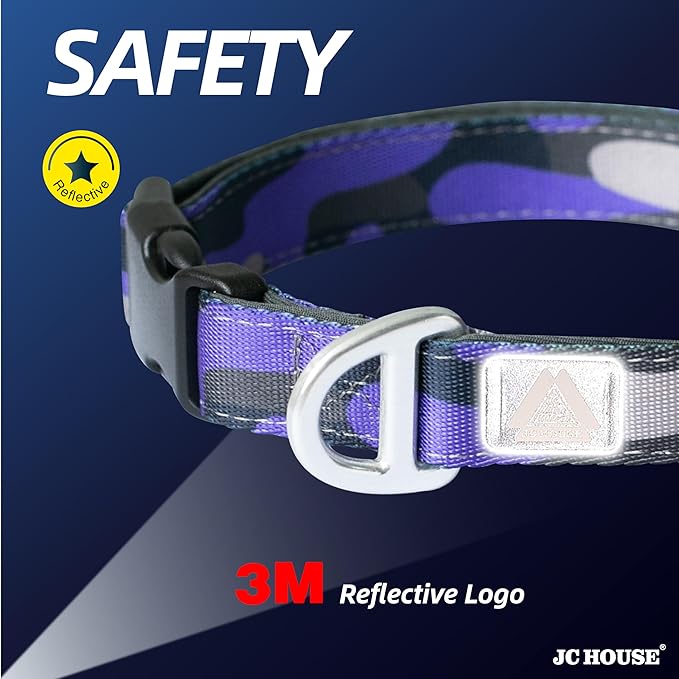 Soft Padded Dog Collar, Neck 12’’-20’’, Adjustable Heavy Duty Collar with 3M Reflective Logo for Medium, Large Dogs, Camo Purple, Medium