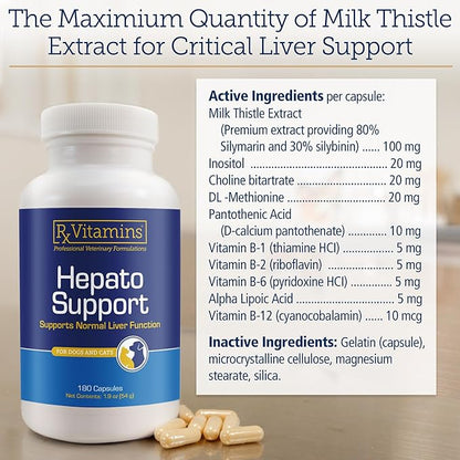 Rx Vitamins Hepato Support for Dogs & Cats - Liver Support Supplement with Milk Thistle for Dogs and Cats - Hepatic Dog Supplement Enriched with Vitamin B Complex - 180 Capsules