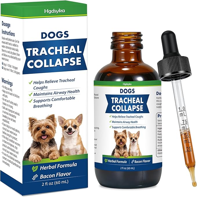 Dog Tracheal Collapse, Collapsed Trachea Treatment for Dogs, Herbal Liquid Drops Relief Cough & Helps Promote Easier Breathing, Natural Respiratory Support Airway Comfort, Bacon Flavor - 2 FL OZ