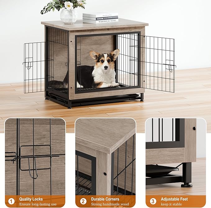 Vongrasig Dog Crate Furniture, Side End Table, Modern Wooden Kennel for Dogs Indoor, Heavy-Duty Dog Cage with Multi-Purpose Removable Tray, Double-Door Dog House, Grey