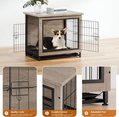 Vongrasig Dog Crate Furniture, Side End Table, Modern Wooden Kennel for Dogs Indoor, Heavy-Duty Dog Cage with Multi-Purpose Removable Tray, Double-Door Dog House, Grey