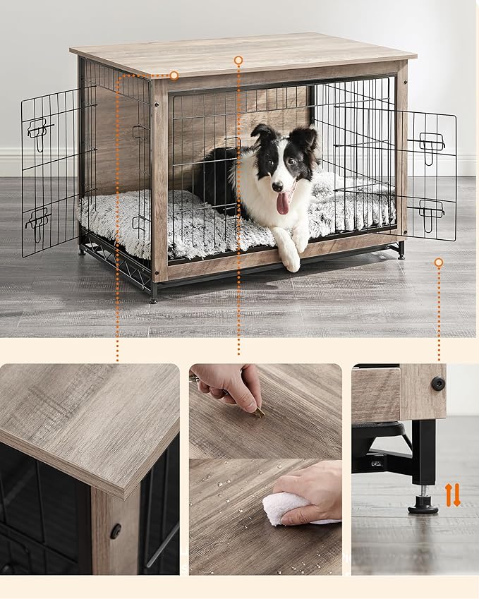 Feandrea 38.6" Dog Crate Furniture, Indoor Dog Cage Side End Table, XL Pet Wood Kennel for Large and Medium Dogs up to 70 lb with Multi-Purpose Removable Tray, Double-Door Pet House, Greige