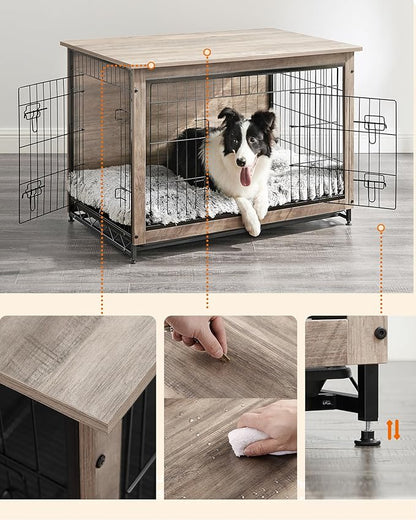 Feandrea 38.6" Dog Crate Furniture, Indoor Dog Cage Side End Table, XL Pet Wood Kennel for Large and Medium Dogs up to 70 lb with Multi-Purpose Removable Tray, Double-Door Pet House, Greige