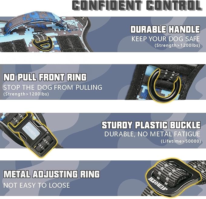 Auroth Tactical Dog Training Harness No Pulling Front Clip Leash Adhesion Reflective K9 Pet Working Vest Easy Control for Small Medium Large Dogs Blue Camo XL