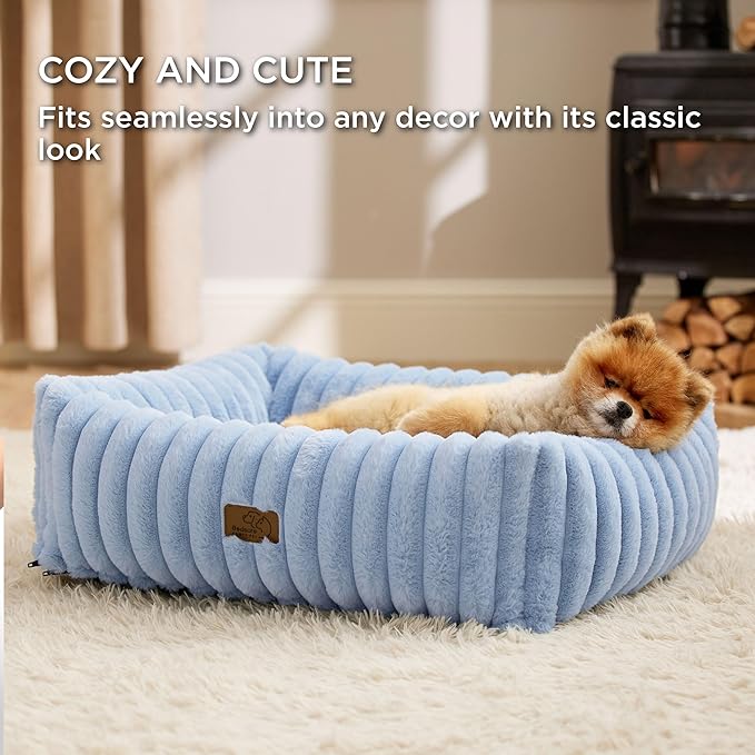 Bedsure ComfyFleece™ Washable Dog Bed for Medium Dogs - Cute Furry Puppy Beds, Rectangle Orthopedic Corduroy Fleece Pet Beds with Removable Zipper Cover, 25x21x7inches, Blue