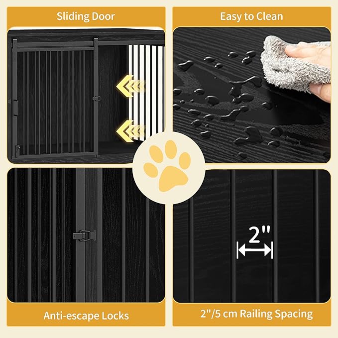 Hzuaneri 78" Dog Crate Furniture for 2 Dogs, Double Dog Cage with Divider, Wooden Heavy Duty Dogs Kennel, Pet Cage with Barn Door, TV Stand for Large Small Medium Pet, Black DFC83704B