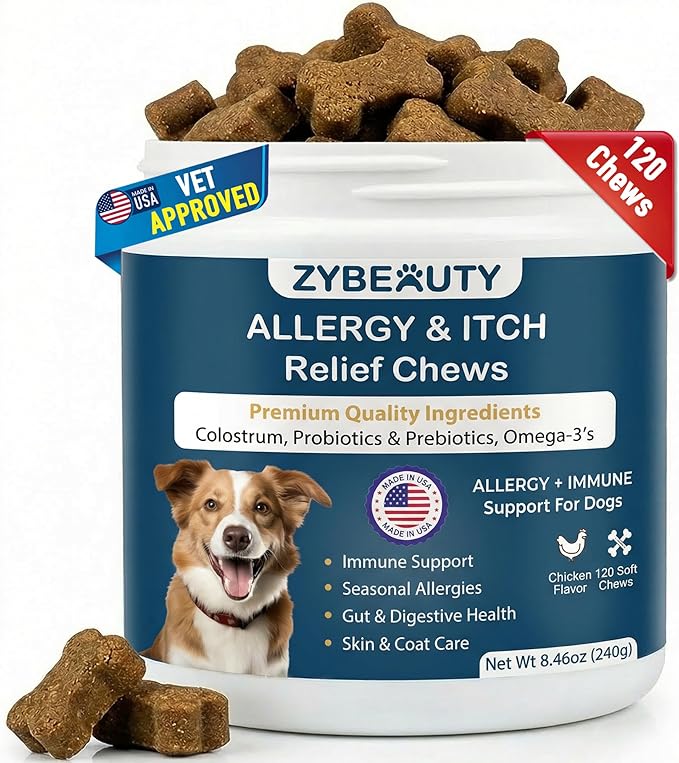 Dog Allergy Chews, Dog Probiotics for Itchy Skin Dog Allergy Relief Bites Skin and Coat Supplement Immune Support with Omega 3 Fish Oil Colostrum for Dog Seasonal Allergies Itchy Skin and Ear 120ct