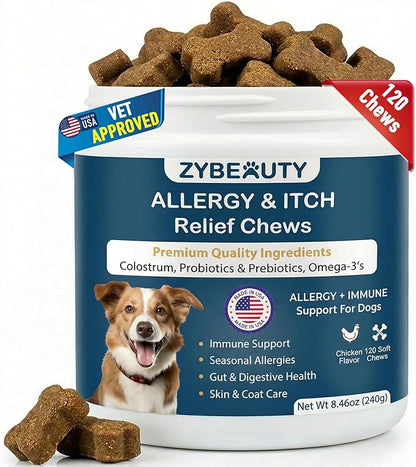 Dog Allergy Chews, Dog Probiotics for Itchy Skin Dog Allergy Relief Bites Skin and Coat Supplement Immune Support with Omega 3 Fish Oil Colostrum for Dog Seasonal Allergies Itchy Skin and Ear 120ct