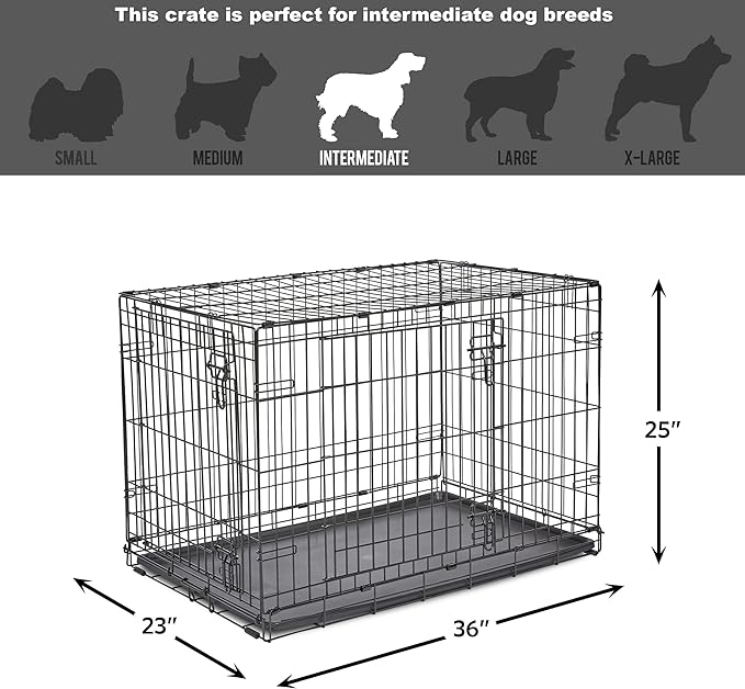 Midwest Homes for Pets 36-Inch New World Crate for Medium-Large Breeds, 41-70 lbs, Double Door Folding Dog Crate, Leak-Proof Tray & Secure Latches, Portable, Durable & Easy to Assemble
