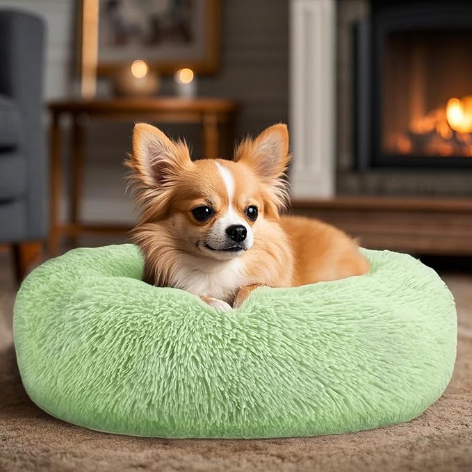 Hoewina Dog & Cat Bed, 20in Cat Beds for Indoor Cats, Calming Donut Bed for Puppy and Kitten, Washable Round Fluffy Pet Bed for Small Medium Dogs and Cats (Green)