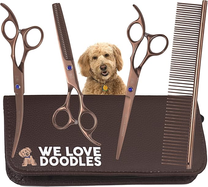 Dog Grooming Scissors Kit - Best Tools for Goldendoodles & Poodles - Straight, Curved & Thinning Shears - Professional Grade Stainless Steel, 4 Pc Set [We Love Doodles]