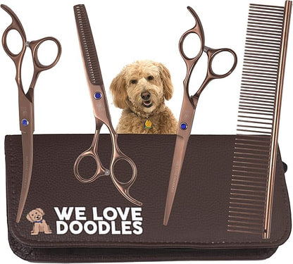 Dog Grooming Scissors Kit - Best Tools for Goldendoodles & Poodles - Straight, Curved & Thinning Shears - Professional Grade Stainless Steel, 4 Pc Set [We Love Doodles]