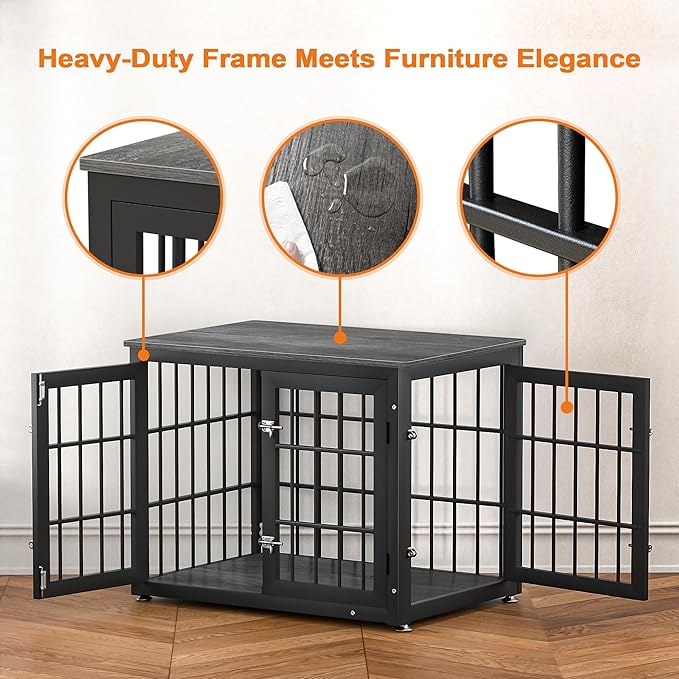 rehomerance 32 Inch Heavy Duty Dog Crate Furniture for Medium and Small Dogs, Decorative Pet House End Table, Wooden Cage Kennel Furniture Indoor, Gray