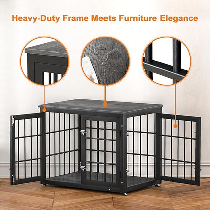 rehomerance 32 Inch Heavy Duty Dog Crate Furniture for Medium and Small Dogs, Decorative Pet House End Table, Wooden Cage Kennel Furniture Indoor, Gray
