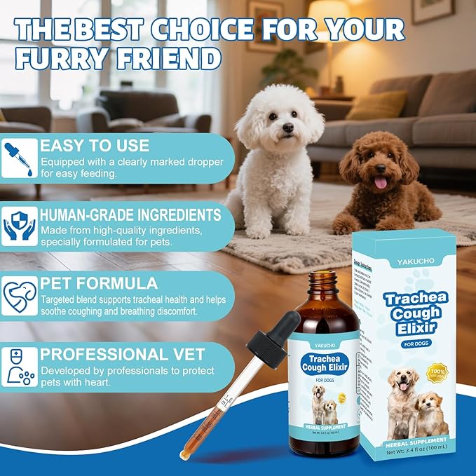 Yakucho Collapsed Trachea Treatment Liquid for Dog, 3.4 FL OZ Trachea Cough Elixir, Herbal Throat & Airway Comfort Formula for Dogs, Daily Respiratory Wellness Support, Easy to Administer