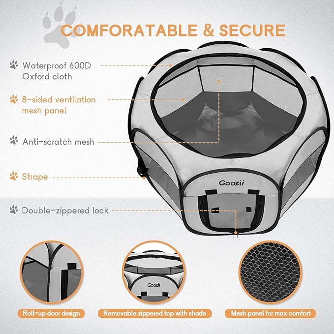 Goozii Pet Cat Playpen for Indoor Cats Enclosed, Puppy Dog Play Pen for Outdoor Travel Camping (Large Size, Light Grey)