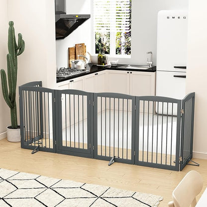 PUPETPO Freestanding Pet Gate with Door, Tall Dog Gate for House, Extra Wide, Pet Puppy Safety Fence, Support Feet Included, 120 Inch Wide, 6 Panels 32" Tall, Gray