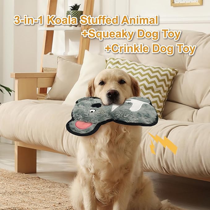Grey Green Koala Plush Squeaky Dog Toy with Crinkle Paper Puppy Teething Chew Toy Cute Soft Funny Stuffed Animal Interactive Fetch Dog Toy for Small Medium Large Dogs Toy Gift 22.5cm/8.86in