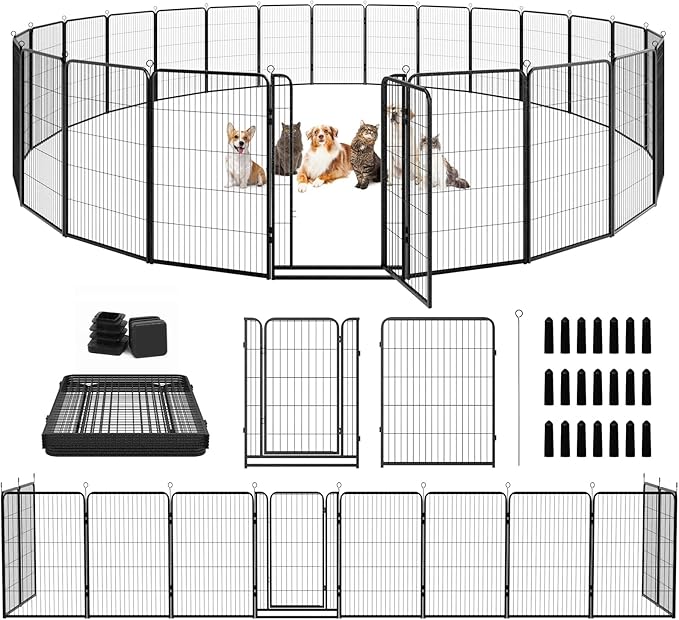 Kfvigoho Dog Playpen Outdoor Extra Wide 24 Piece Panels Heavy Duty Dog Fence 47" Height Anti-Rust with Doors Portable for RV Camping Yard, Total 63FT, 316 Sq.ft, Snowy Black