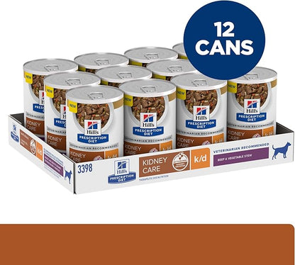 Hill's Prescription Diet k/d Kidney Care Beef & Vegetable Stew Wet Dog Food, Veterinary Diet, 12.5 oz. Cans, 12-Pack