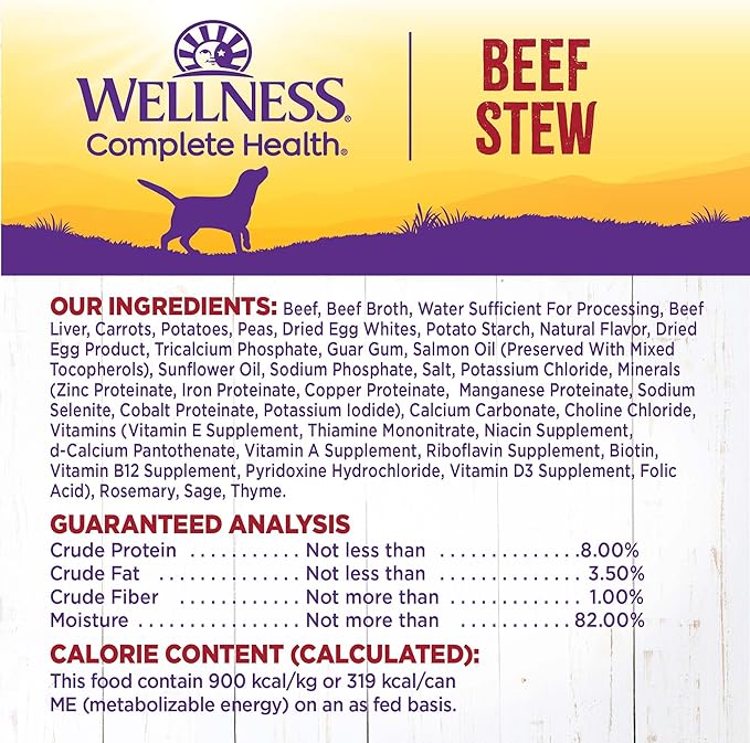 Wellness Complete Health Stew Adult Canned Wet Dog Food, Grain Free, Natural, Beef Recipe, 12.5 oz, Pack of 12 Cans