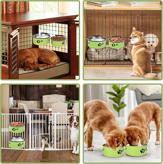 Dog Crate Water Bowl, ShineMe 54oz & 34oz Stainless Steel No Spill Crate Food and Water Bowl, Kennel Bowls Mountable for Medium and Large Dogs, Cats and Pets, Set of 2, Green (7.1x2.9” & 6.2x2.6”)