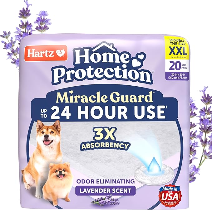 Hartz Miracle Guard Dog and Puppy Dog Pads Max Absorbency 24 Hour Use Odor Eliminating Lavender Scented No Leaks, 2XL Size 20 Count