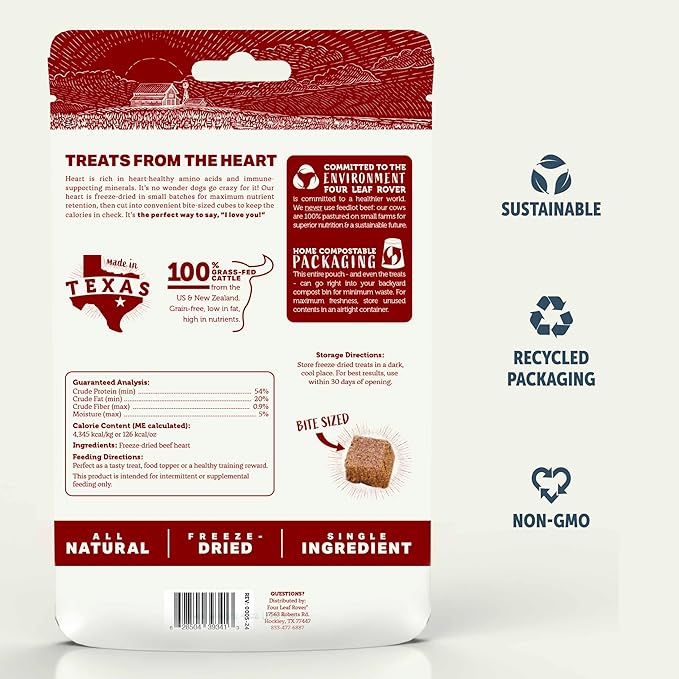 FOUR LEAF ROVER Beef Heart Dog Treats - Grass Finished New Zealand Beef Heart - Raw Freeze Dried Single Ingredient, No Additives - Made in USA - 4 Oz Bag