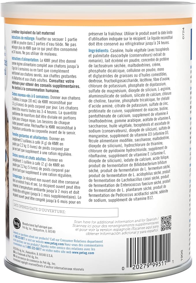 PetAg KMR Kitten Milk Replacer Powder - 12 oz - Powdered Kitten Formula with Prebiotics, Probiotics & Vitamins for Kittens Newborn to Six Weeks Old - Easy to Digest
